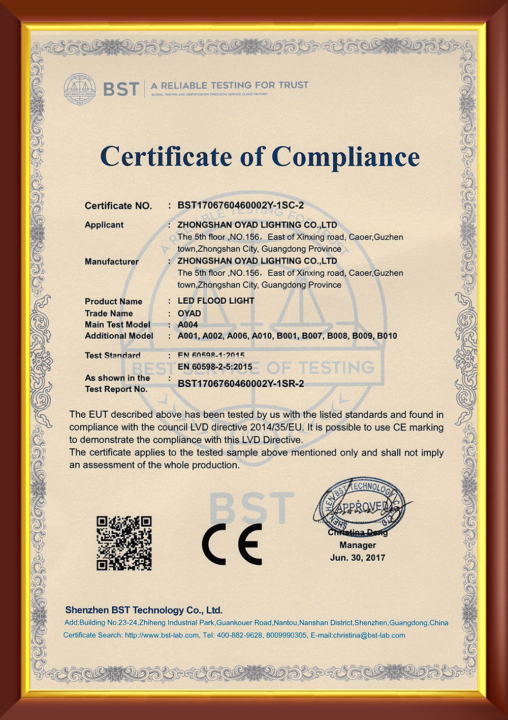 CE-LVD Flood Light Certificate
